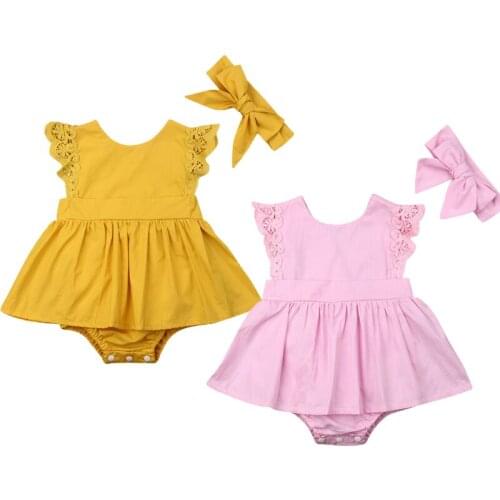 Infant Kid Baby Girl Lace 2pcs Bodysuits Headband Clothes Dress Solid Lace Sleeve Jumpsuits Clothes
