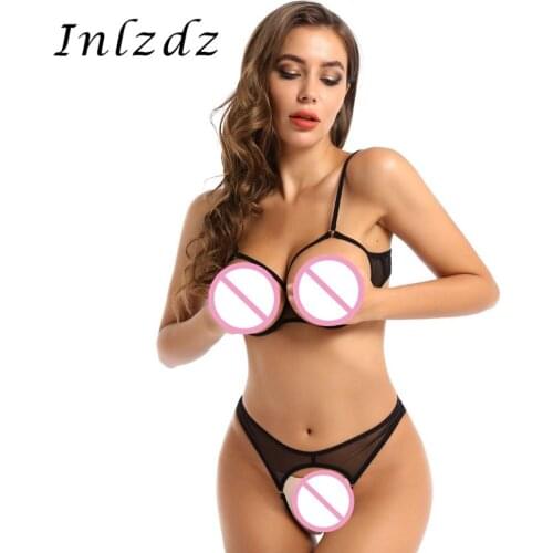 2Pcs Womens Sex Lingerie Suit See Through Sheer Sex Costume Set Mesh Open Cups Bra Top with Low Rise Crotchless Briefs Underwear