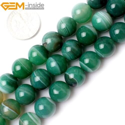 Gem-inside Natural 12mm Round Smooth Green Banded Agate Stone Beads For Jewelry Making Strand 15inches DIY