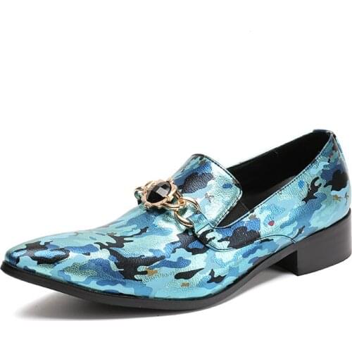 Summer Mens Print Leather Leisure Party Dress Shoes Men Trend Rhinestone Wedding Shoes Blue Red Pointed Toe Slip On Casual Shoes