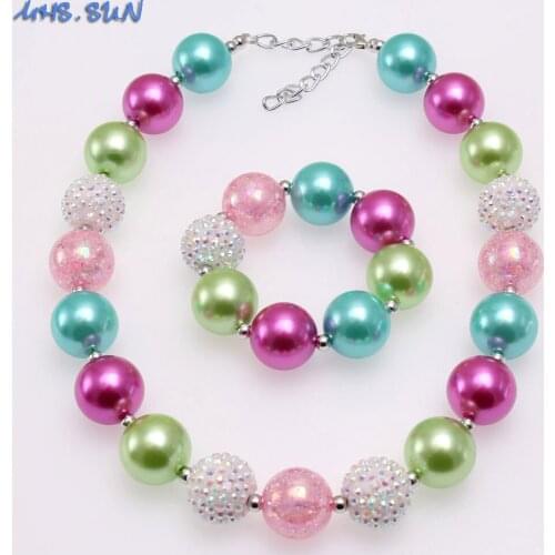 MHS.SUN Kids Baby Fashion Chunky Bubblegum Beaded Necklace Elastic Bracelet Colorful Round Rhinestone Necklace Set Party Gift