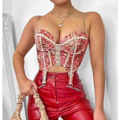Fashion Floral Print Vintage Corset Crop Top Women Sexy Sleeveless Backless T-shirt Ladies Button Up Slim T Shirts Clothes