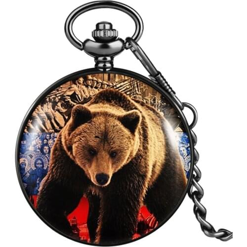 Male Bear Pattern Pocket Watch White Elegant Numerals Large Dial High Quality Alloy Thick Chain Pendant Clock Gift For Grandson