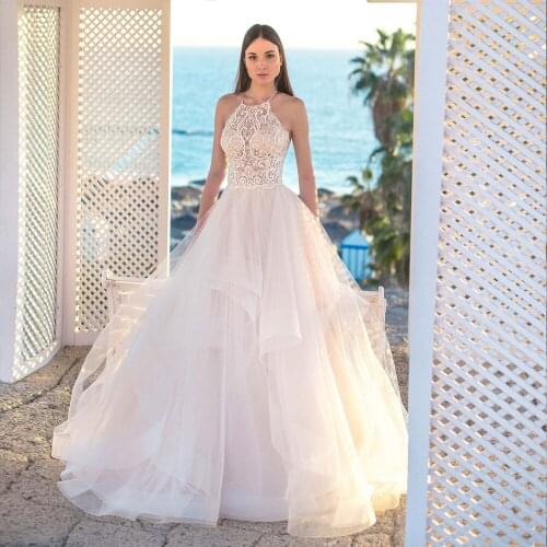 Charming Sheer Neck Bohemian Wedding Dresses Vestidos de Novia White/Ivory Tulle Appliqued Customized Lace Bridal Gown 2019