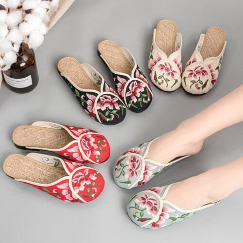 Ethnic Style Flower Embroidery Fisherman Shoes Linen Sandals Breathable One-step Womens Shoes Cloth Shoes Slippers Women
