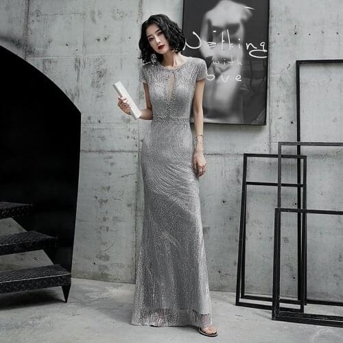 Gray Evening Dresses O-Neck A-line Floor-length Short Sleeves New Lace Bling Beads Plus size Customized Woman Formal Dress A174