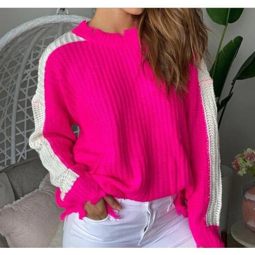 Rose Red Woman Autumn Winter Sweaters Loose Patchwork O-Neck Distressed Knitted Pullover Tops Female Casual Sweaters