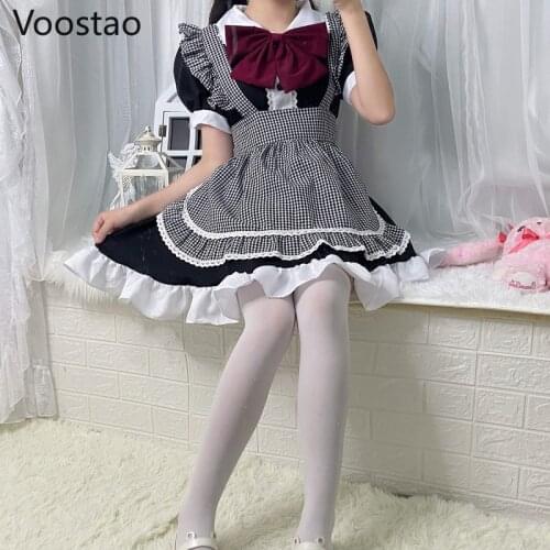 Japanese Gothic Lolita Dress Sets Women Sweet Cute Bow Ruffles Black White Plaid Maid Dress Victorian Girl Punk Party Mini Dress