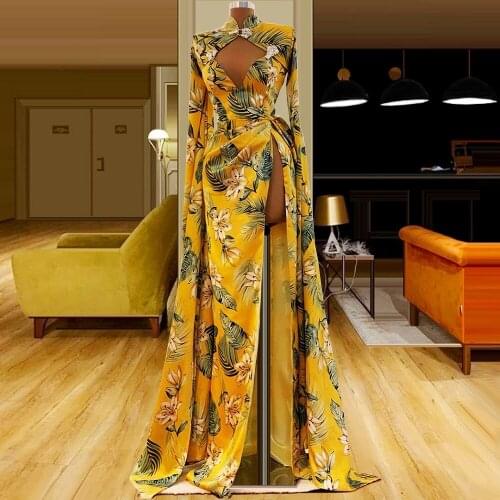 Yellow Floral Print Evening Dress High Split Long Sleeves Prom Gown Formal Dubai Evening Wear Middle East Wedding Party Dress