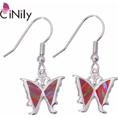 CiNily Created Orange Fire Opal Silver Plated Wholesale Butterfly for Women Jewelry Dangle Earrings 1 3/8" OH3358