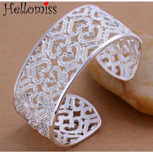 Silver 925 Heart Bangles for Women Romantic Open Bangle Bracelet Fashion Cubic Zirconia Jewelry Wide Cuff Wristband Pulseira
