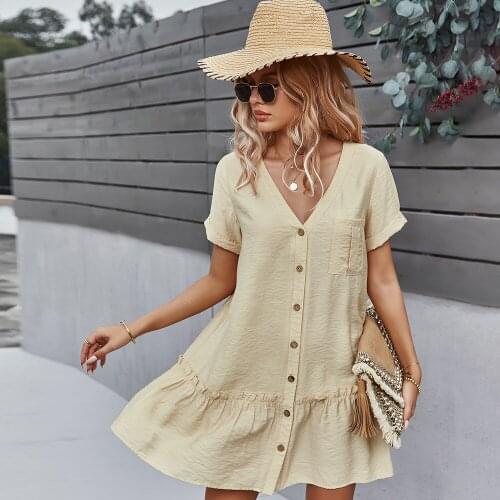 Womens Sexy Boho Beach Dress Summer Solid Color Short Dress Vintage A-Line Dresses Ladies Vestido Woman clothes DS220