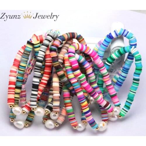 10PCS, Colorful Flat Round Bead Bracelet, Freshwater Pearl Bracelet, Colorful round polymer beads bracelets, Friend Gift for Her