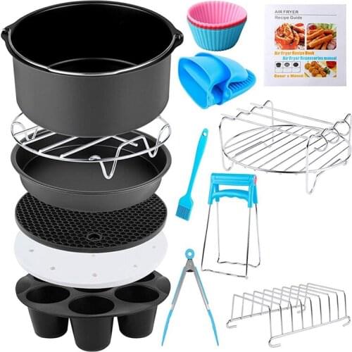 14 PCS Air Fryer Accessories with 8 Inch Cake Pan, Pizza Pan, Silicone Baking Cup, Skewer Rack, Parchment Paper