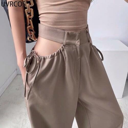 UVRCOS Ladies Pants Trousers Fashion Summer New Arrival Stacked Drawstring Side Hollow Out Lace Up High Waist Wide Leg Pants y2k