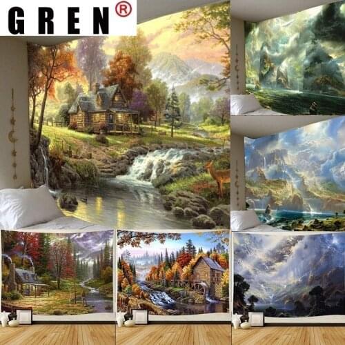 GREN Tapestry Oil Painting Rural Landscape Wall Hanging Mural Background Wall Rugs Beach Towel Fabric Blanket Living Home Decor
