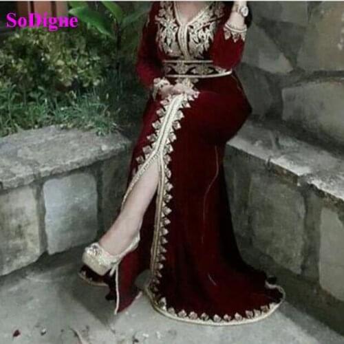 Moroccan Caftans Burgundy Formal Dress A-line Long Sleeve Evening Gowns Algeria Velour Vintage Party Dress with Embroidery Gowns