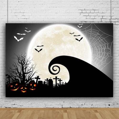 Mocsicka Halloween Backdrop Horror Nights Pumpkin Flying Bat Full Moon Party Photography Background Nightmare Photo Studio Props