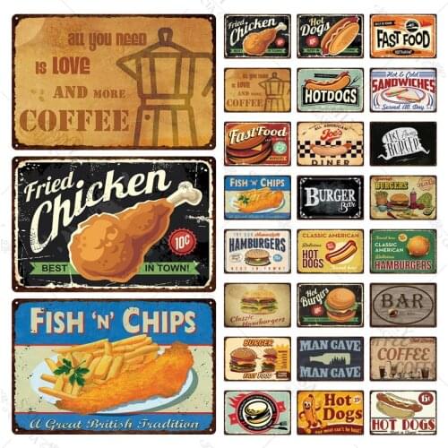 Cartoon Fast Food Tin Sign Vintage Metal Sign Plaque Metal Vintage Hot Dog Wall Decor for Kitchen Cafe Diner Bar Metal Signs
