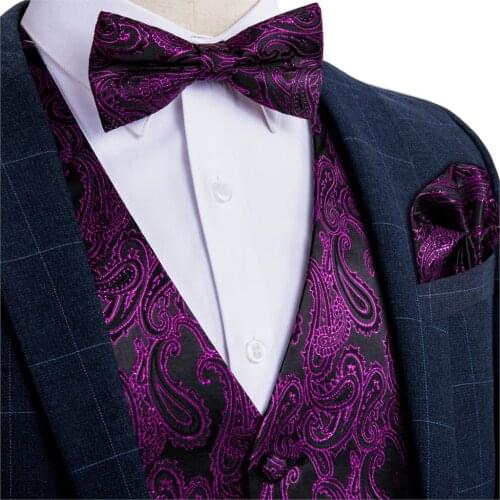 Mens Purple Black Paisley Silk Wedding Waistcoat Vest For Men Bowtie Hanky Cufflinks Cravat Set for Suit Tuxedo DiBanGu MJ-121