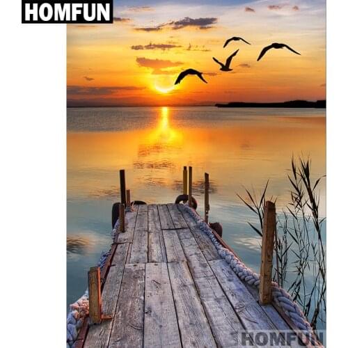 HOMFUN Full Square/Round Drill 5D DIY Diamond Painting "Lake sunset" Embroidery Cross Stitch 5D Home Decor Gift A01522