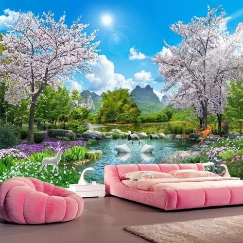 Custom 3D Photo Wallpaper Home Decor Cherry Blossom Tree Swan Deer Landscape Wall Painting Living Room Bedroom Mural Wall Paper
