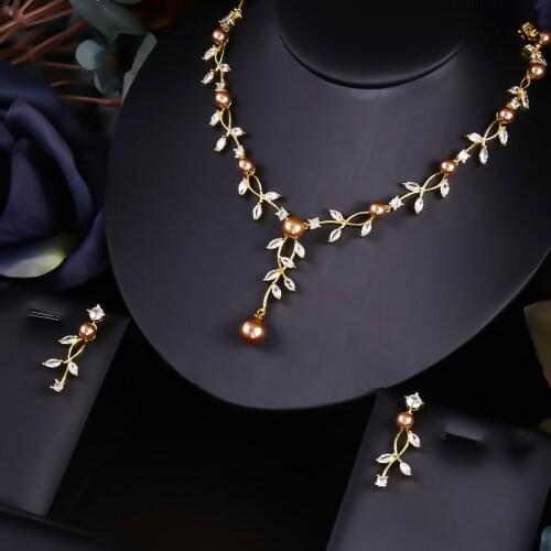 New design luxury pearl crystal zircon water drop shape necklace pendant Set for women,high quality party/jewelry wedding