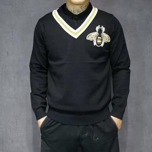 New luxury mens winter embroidered bee stripe knitted sweater pullover high quality casual mens brand clothing