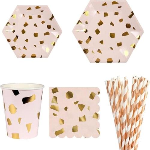 65Pcs Pink Gilding Disposable Tableware Rose Gold Paper Cup Plate Napkin Birthday Wedding Party Decor Kids New Year Supplies