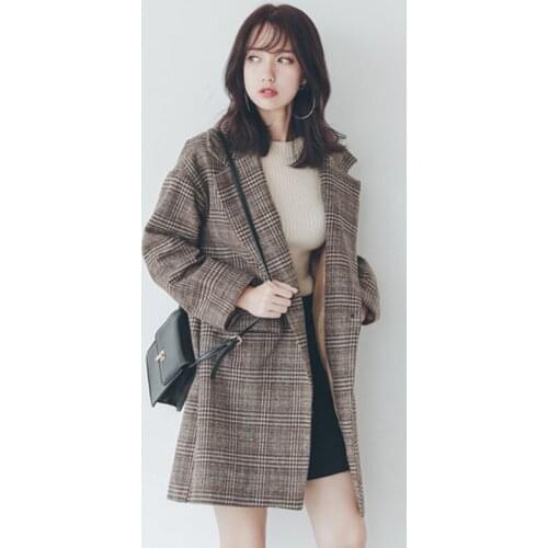 Autumn and winter new Korean style loose plus cotton thick plaid woolen coat womens mid-length woolen coat turn down collar