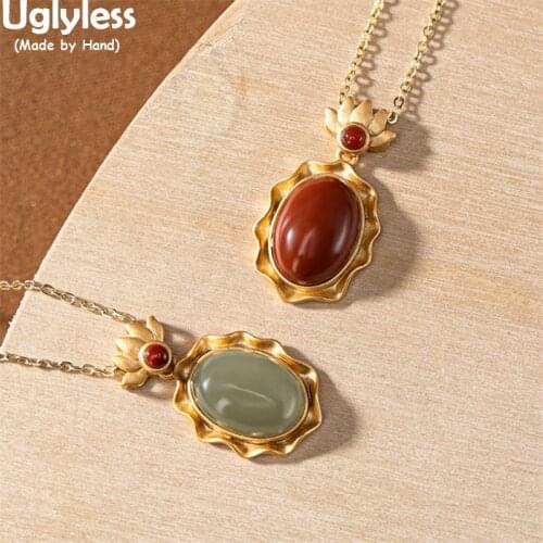 UglylessLatest Lotus Pendants for Women Natural Jade Agate Oval Gemstones Necklaces No Chains Real Gold 925 Silver Dress Jewelry