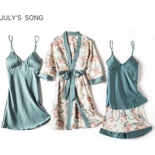 JULYS SONG 4 PCS New Woman Pajamas Set Faux Silk Satin Sleepwear Printing Summer Sling Shorts Sexy Robe For Woman Homewear
