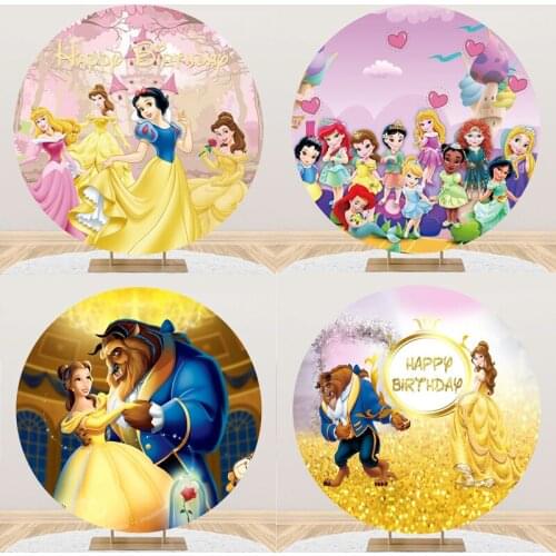 Princess Belle Snow White Party Round Backdrops For Photo Customized Happy Birthday Kids Party Decorations Baby Party Supplies