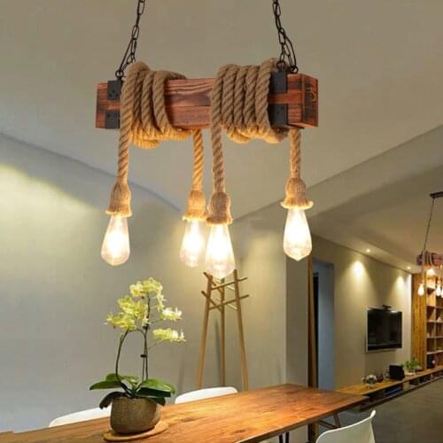 Adjustable Retro Industrial Wood Chandelier Dining Room Lighting Fixture Bar Cafe Bar Hemp Rope Pendant Lamp E27 Hanging Lamp