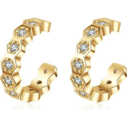 Trendy Rhombus Wave Clip Earrings For Women Shiny Zircon Stone Inlaid Golden Ear Bone Cuff Simple Geometric Cuff Earring Jewelry