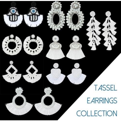 ROYALBEIER Pure White Beaded Fringed Earrings Womans Fashion Handmade Drop Earrings Bohemian Rhapsody Tassel Wedding Jewelry