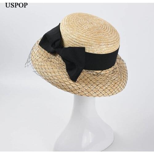USPOP New Summer Straw Sun Hats Women Vintage Mesh Yarn Bow Straw Fedoras Beach Hats