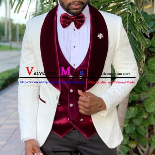 Wedding Suit for Men 2021 White Jacquard Blazer Tuxedo 3 Piece for Wedding Groom Tailor-Made Slim Fit Suit Men Ropa de Hombre