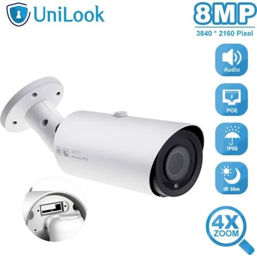 UniLook 8MP Bullet POE IP Camera 4X Zoom Micro SD Card Slot Audio Output Weatherproof IR 30m Outdoor Security camera Onvif H.265