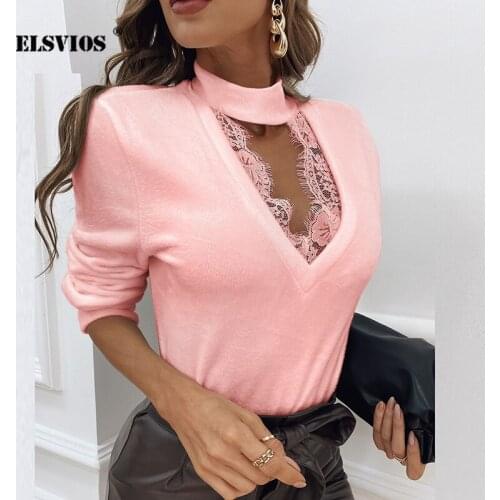 Women Spring Summer Fashion Hollow Out V-Neck Blouse Long Sleeve Halter Lace Stitching Top 2021 Elegant Lady Office Slim Blouses