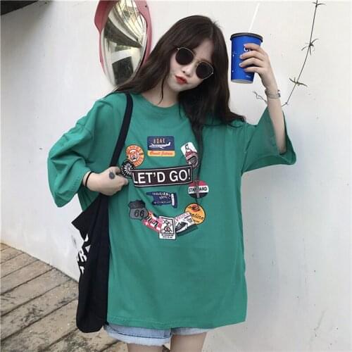 Womens T Shirt Spring Summer Females Mid Long Short Sleeve T-Shirts Korean Style Oversized Combed Cotton Girls Printed Tops