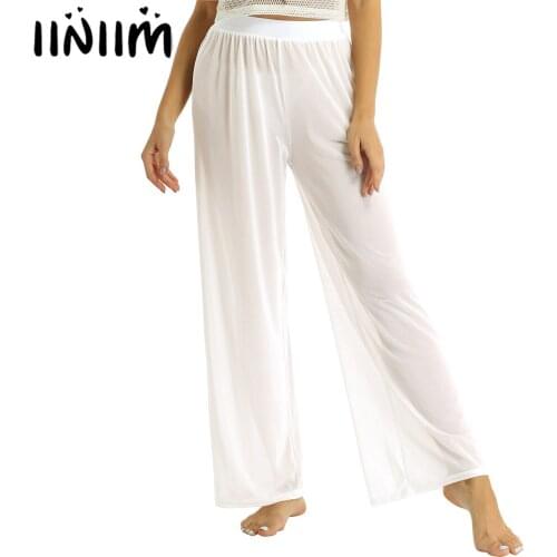 Womens Clothing Adult Casual Loose Elastic Waist Wide Leg See Throug Mesh Flare Cover Up Long Pants Bikini Bottom Cover Up