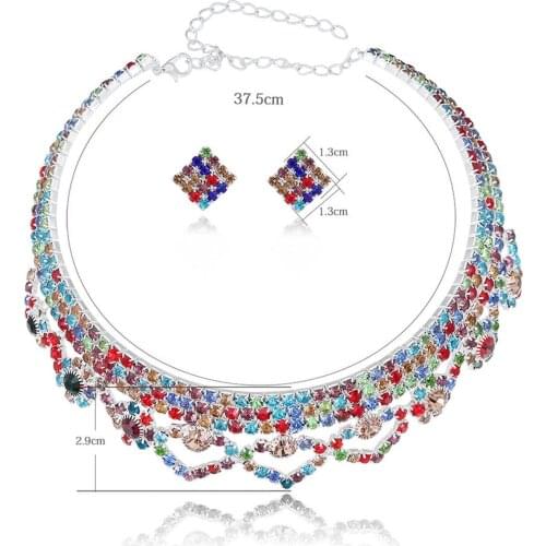 Women Shining Rhinestone Necklace Earrings Wedding Party Banquet Jewelry Set