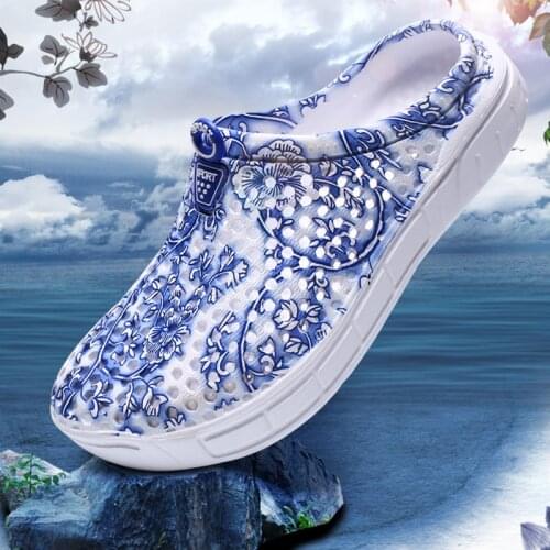 Ladies Sandals Slippers Fashion Trendy Blue White Porcelain Birds Nest Hole Shoes Casual Breathable Beach Shoes Slippers 36-42