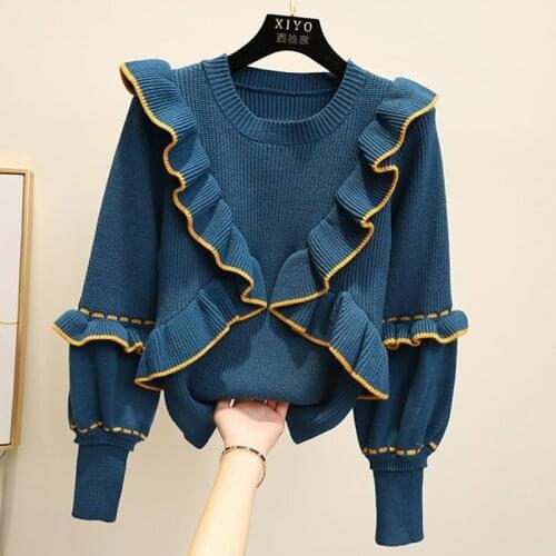 Autumn winter womens top Korean style the ruffle stitching pullover sweater new lantern sleeve knitted bottoming tops