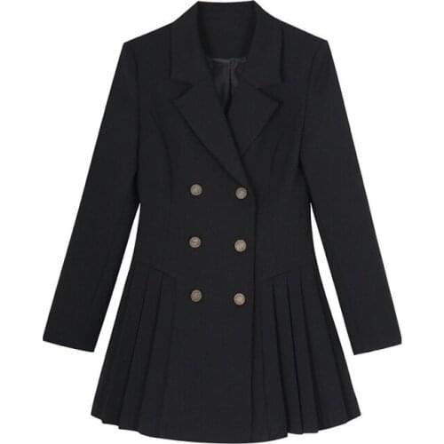 Pleated Belt Dress Jacket Suit Women Elegant Office Ladies Double-Breasted Blazer Dress Long Sleeve Slim Party Dress Plus Size