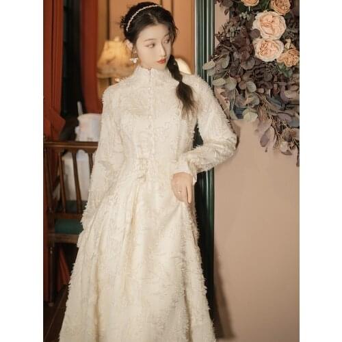 New Vintage Maxi Dresses for Woman High Waist Long-sleeve Elegant Birthday Party Dress Lady White Cheongsam Evening Clothing