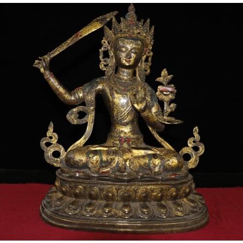 18"Tibet Buddhism Old Bronze Lacquer Cinnabar Manjusri Buddha statue Raise the sword Bodhisattva statue Enshrine the Buddha
