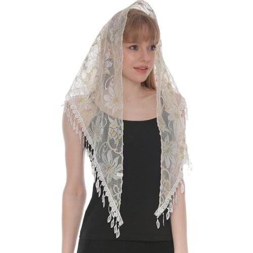 Church Shawl Triangle Scarf Lace Veil Tassel Floral Embroidered Scarf Pendant Scarves Spanish Mantillas for Church Prayer Shawl