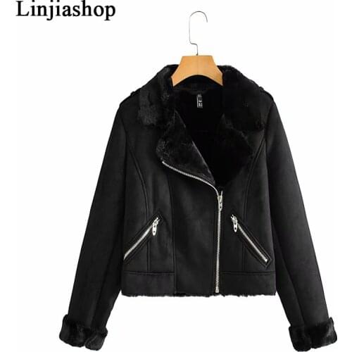 Black Lapel Long Sleeve Contrast Biker Jacket With Front Pockets With Metal Zips & Matching Faux Fur Interior & Front Zip-up